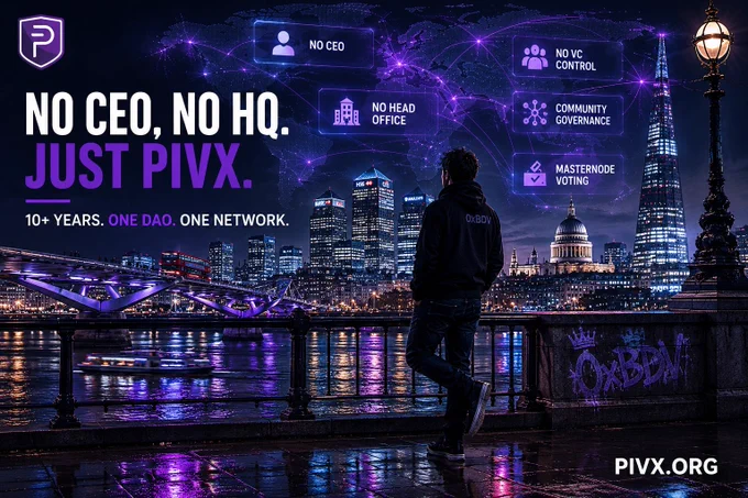 0xBDV overlooking London while a decentralized global PIVX network operates without headquarters, CEOs, or centralized control.