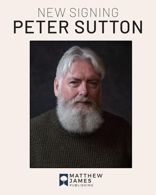 Photo of author Peter Sutton on an off white background with text. Text reads: "New Signing Peter Sutton"