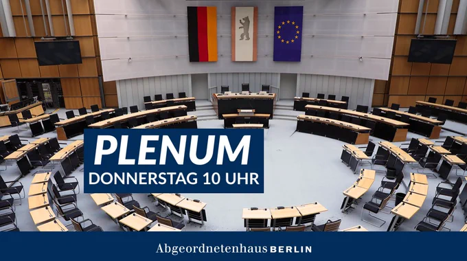 Die Grafik zeigt das Plenum von oben, mit dem Schriftzug Plenum: Donnerstag 10 Uhr.