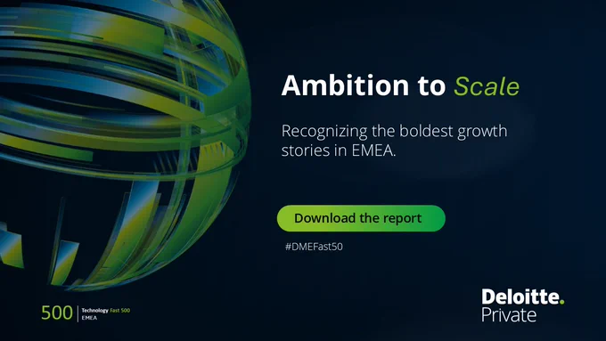 Abstract green and blue digital globe on a dark background. Text: \"Ambition to Scale. Recognizing the boldest growth stories in EMEA.\" Green button: \"Download the report.\" Hashtag: \"#DMEFast50.\" Logos: \"500 Technology Fast 500 EMEA\" and \"Deloitte. Private.\"