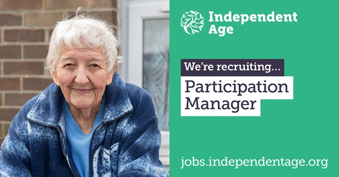 An older woman with short white hair smiles. She stands outside and wears a blue patterned fleece over a blue t-shirt. Text reads: We're recruiting... Participation Manager.