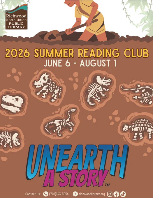 Poster with a person digging in dirt, multiple dinosaur fossils, and text: "Unearth a Story" and "2026 Summer Reading Club June 6-August 1"