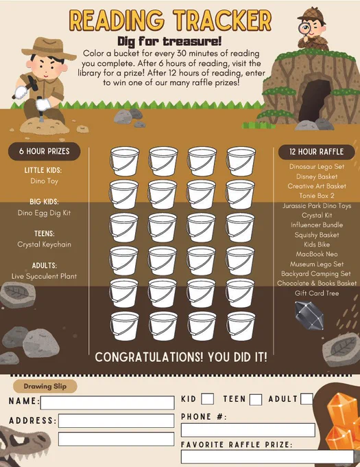 A reading tracker poster displays a layered design with a man digging. Prizes include Lego sets, toys, and tech. Raffle entries for various age groups.