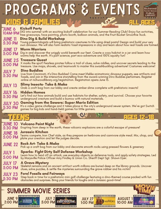 A promotional poster displays a schedule of events for children and teens, including dates, times, and brief descriptions of activities.