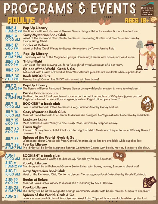 A flyer with "Programs & Events" at the top. Dates, times, and activities listed with small icons.