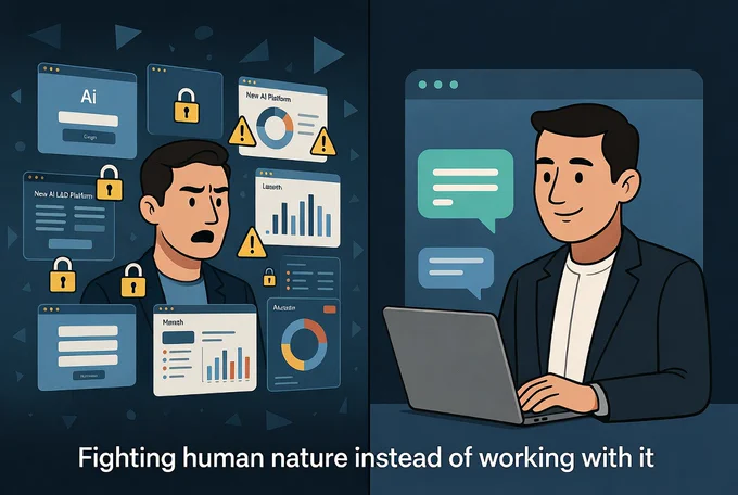 Split image: On the left, a frustrated professional is overwhelmed by multiple cluttered login screens and complex new AI L&D platform dashboards with warning icons and locks. On the right, the same professional calmly uses a single clean chat interface. Text at bottom reads: “Fighting human nature instead of working with it.”