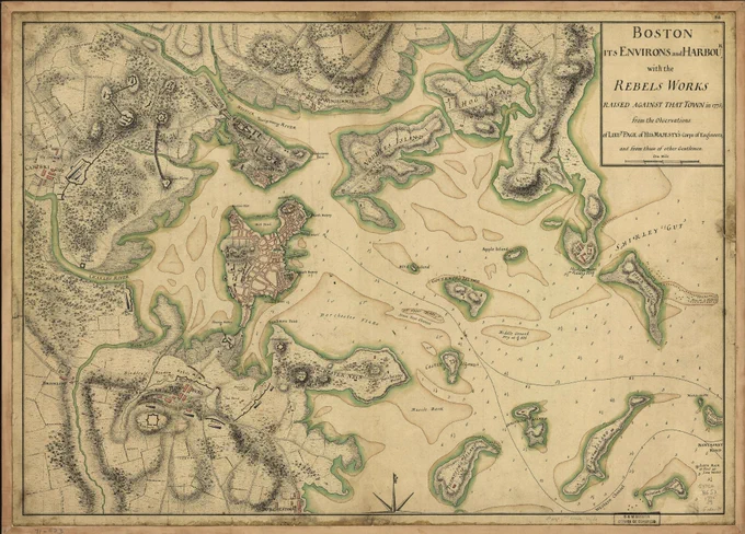 hand-drawn map showing the Boston Harbor with soundings 