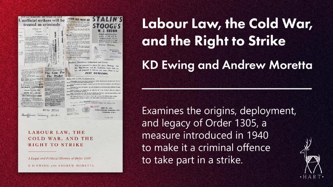 Banner showing the cover image of 'Labour Law, the Cold War, and the Right to Strike' and the text: Examines the origins, deployment, and legacy of Order 1305, a measure introduced in 1940 to make it a criminal offence to take part in a strike.