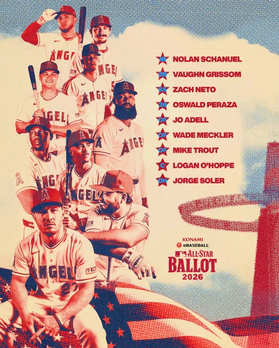 2026 MLB All-Star Ballot: 1B Nolan Schanuel, 2B Vaughn Grissom, SS Zach Neto, 3B Oswald Peraza, OF Jo Adell, OF Wade Meckler, OF Mike Trout, C Logan O'Hoppe, DH Jorge Soler