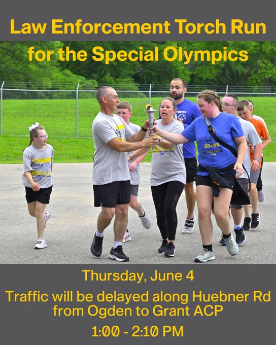 #KnowBeforeYouGo \n\uD83D\uDE94The annual Law Enforcement Torch Run for Special Olympics will happen on Fort Riley Thursday, June 4, 2026. The route will run along Huebner Road from Ogden ACP to Grant ACP. \n\n\uD83D\uDEA6Expect traffic delays along the route from 1:00 - 2:10 PM.