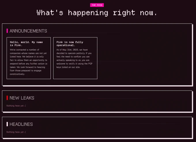 Screenshot of ransomware leak site titled "What's happening right now." It has sections labeled "Announcements," "New Leaks," and "Headlines."  The design is simple, with a dark background and white text.