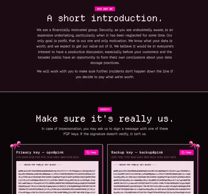 Screenshot of ransomware leak site introduction page with a summary of who PINK is.