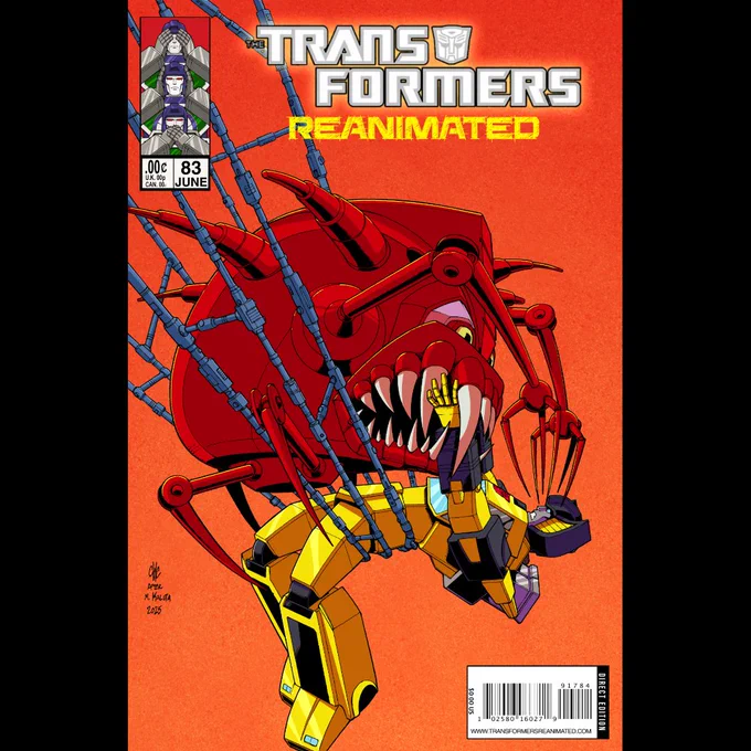 The cover for Transformers REANIMATED issue 83 features a Mecannibal trapping Sunstreaker in his legs with scary teeth and eyes.
