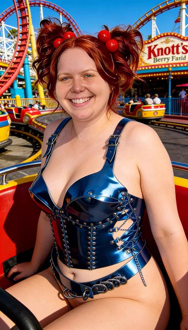 Blue shiny moment at Knott’s Berry Farm 🩵🍒 Full metallic corset look with cherry buns and zero fear of heights. Feeling cute, confident, and ready for whatever ride comes next! Who’s joining me for the next loop? 🎡