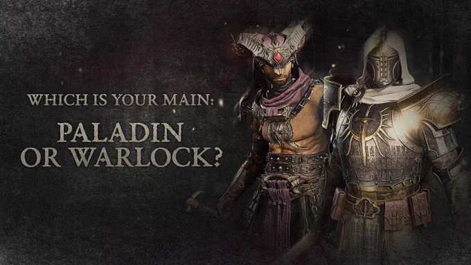 A Diablo IV Warlock and Paladin stand side by side against a dark, moody background. On the left, the Warlock wears ornate dark armor with a horned helmet, red gemstone, and purple scarf, wielding a blade. On the right, the Paladin stands in heavy silver and gold plate armor with a white hooded helm, chest emblazoned with a glowing holy symbol. Text reads, \u201CWhich class is your main: Paladin or Warlock?\u201D\n