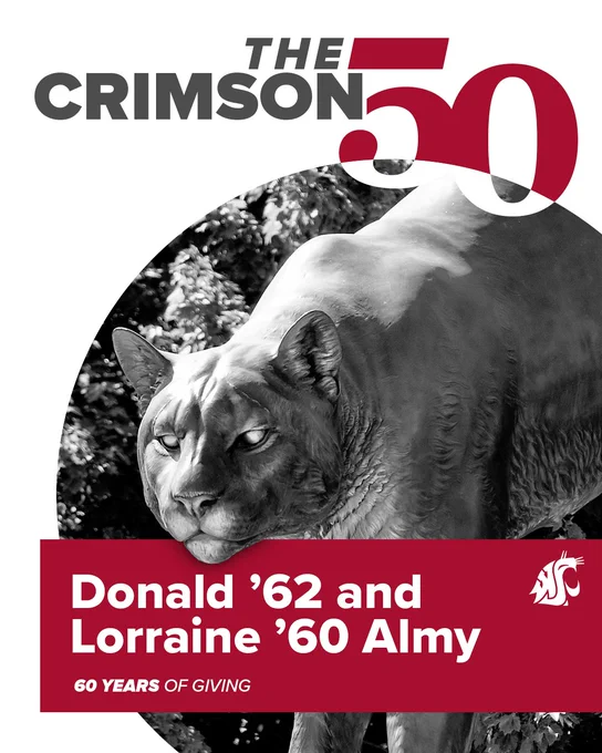 A large sculpture of a cougar is featured prominently in the center. The text reads: "The Crimson 50" and "Donald '62 and Lorraine '60 Almy, 60 years of giving." The Washington State University logo is present at the bottom right.