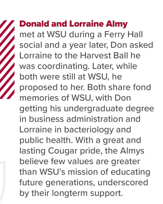Text describing Donald and Lorraine Almy's connection to WSU, mentioning their academic backgrounds and ongoing support for the university.