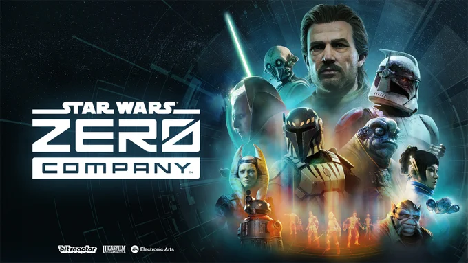 Key art for STAR WARS Zero Company: Collage of Hawks and the rest of his band of mercenaries, full of various species within the Star Wars galaxy.