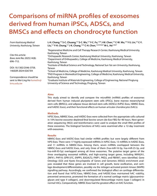 Comparison of miRNA profiles in exosomes from human iPSCs, ADSCs, and BMSCs showing distinct expression patterns related to chondrocyte function.