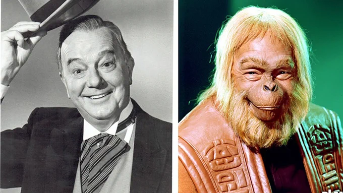 Actor and WWII veteran Maurice Evans - seen in top hat and tails and as the character Dr Zaius in Planet of the Apes.