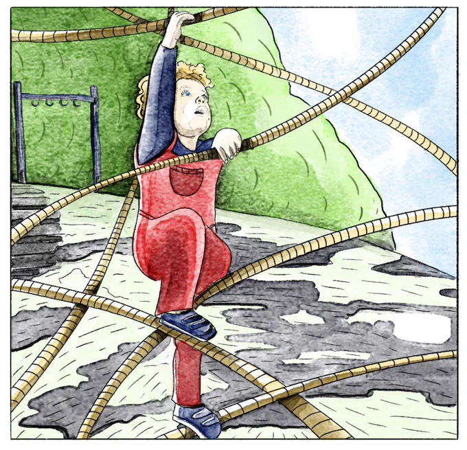 Water colour art of a child in red dungarees playing on a rope climbing frame.