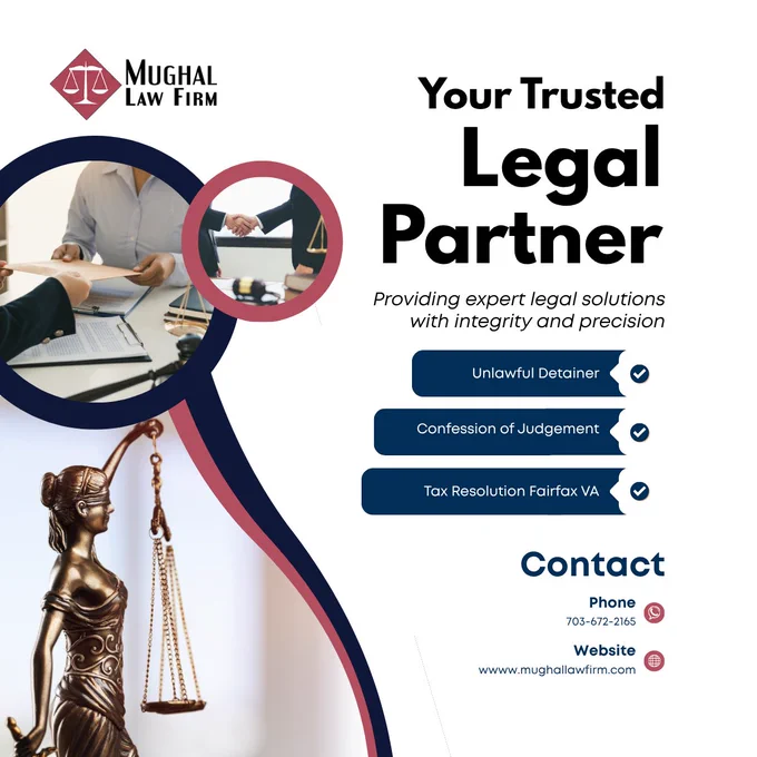 Mughal Law Firm Virginia, legal partner graphic, unlawful detainer attorney, tax resolution Fairfax VA, Lady Justice statue