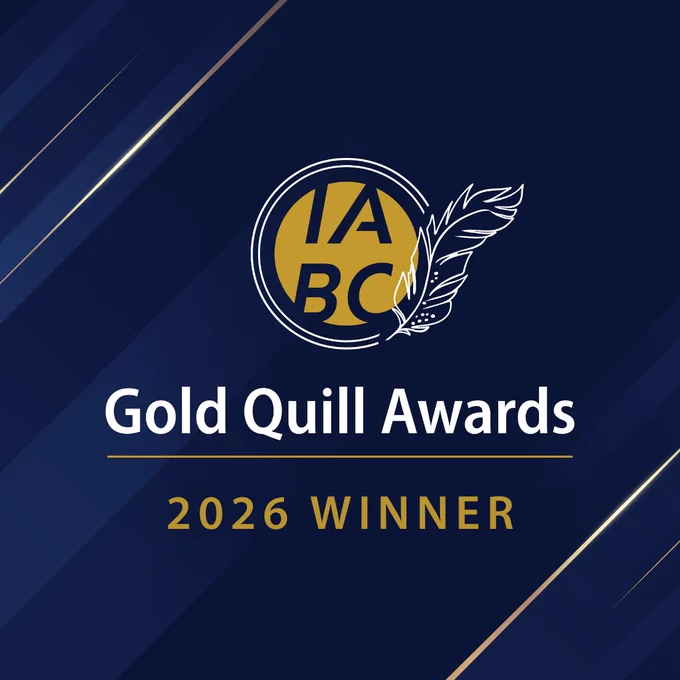 Gold Quill Awards 2026 winner emblem with a quill and IABC logo on a dark blue background.