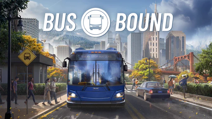 Hauptmenü-Artwork für Bus Bound! 🚌✨ Ein blauer Linienbus steht im Mittelpunkt einer geschäftigen Herbststadt vor Bergkulisse. Fußgänger queren den Zebrastreifen, das Logo 'BUS BOUND' und der Slogan 'EVERY STOP MATTERS' sind deutlich sichtbar. Die Grafik verspricht pure Simulationsfreude!