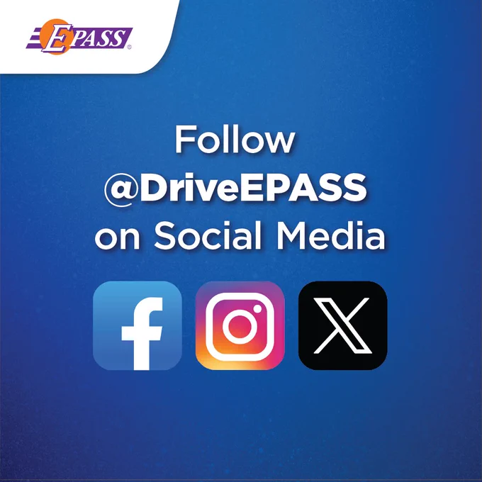 The image features the E-PASS logo at the top left. Text in the center reads, "Follow @DriveEPASS on Social Media." Below the text are icons for Facebook, Instagram, and X on a blue background.