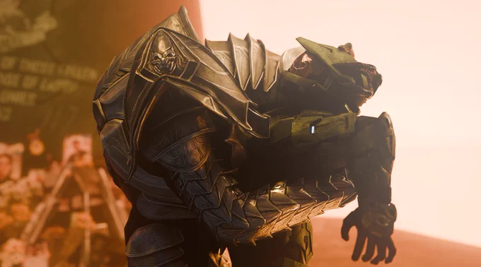 Arbiter Thel 'Vadam embracing the Master Chief Petty Officer John-117 at the VOI MEMORIAL, thel has his right hand supporting chief's back, while the left hand is behind chief's helmet. Thel's head is rested against chief's on the right side of chief's head. Chief's posture is rigid and backwards leaning and his left arm is drawn backwards in surprise of the hug, showing confusion or hesitance to reflect the gesture to thel, chief's left hand is slightly clawed in surprise.

STUPID EXPLANATION FOR IT:
This is set March 28th 2553 in a "WHAT IF"--chief returned and crashed landed with the aft section of the dawn on march 3rd on earth, interrupting the original ceremony with lord hood being informed of a slipspace rupture (much like h2's ceremony in a way) So blah blah blah, eventually chief is alone at the memorial before the new ceremony just a few days upcoming.

“When they told me I alone had returned, I did not accept you were gone.” -Thel 'Vadam 