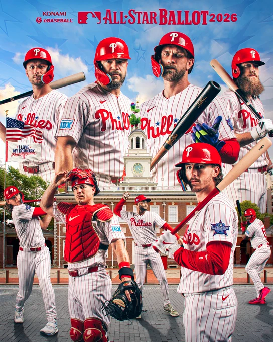 Graphic. Featuring Trea Turner, Kyle Schwarber, Bryce Harper, Brandon Marsh, Alec Bohm, JT Realmuto, Justin Crawford, Bryson Stott, and Adolis Garcia. VOTE PHILLIES FOR THE ALL-STAR GAME