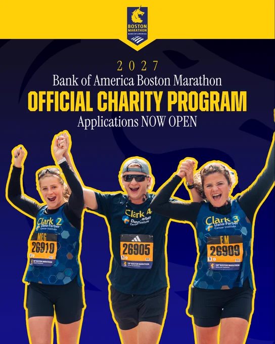 Blue and yellow graphic promoting the application process for the 2027 Bank of America Boston Marathon Official Charity Program