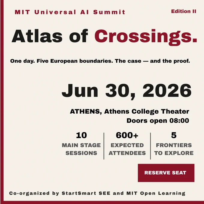 The image is a promotional poster for the "MIT Universal AI Summit, Edition II" titled "Atlas of Crossings." It mentions the event is on June 30, 2026, at the Athens College Theater, with doors opening at 08:00. The event highlights include 10 main stage sessions, over 600 expected attendees, and 5 frontiers to explore. It is co-organized by StartSmart SEE and MIT Open Learning. A button is labeled "Reserve Seat."