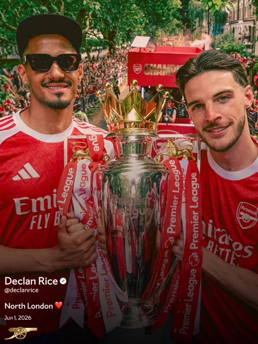Declan Rice's post of him and William Saliba holding the Premier League trophy with the caption "North London ❤️"