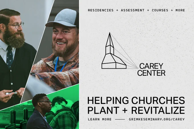 Promotional image for the Carey Center featuring people in discussion and a logo with text about church support programs. The mood is professional and supportive.