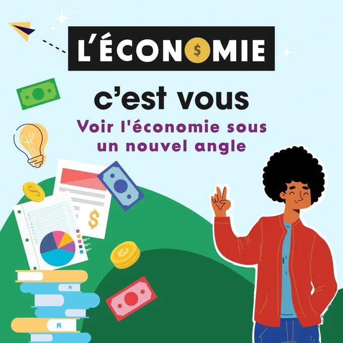 Collage, dessins, ado souriant, logo «L’économie, c’est vous», symboles de l’apprentissage en économie.