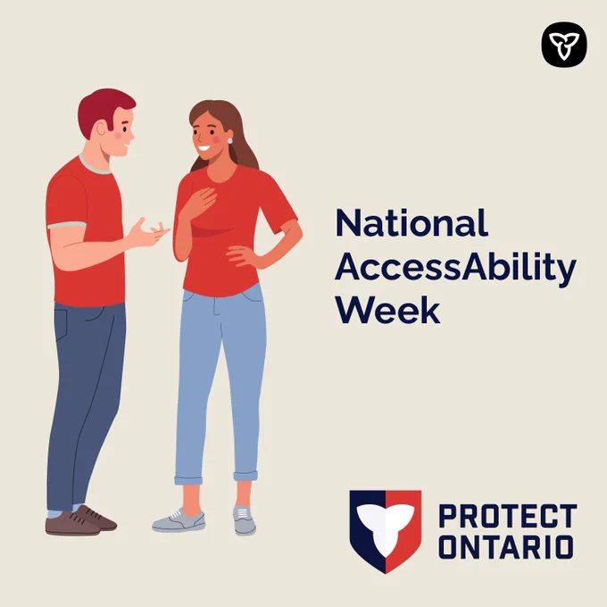 An illustration of two people talking and wearing red shirts. Text reads: National AccessAbility Week