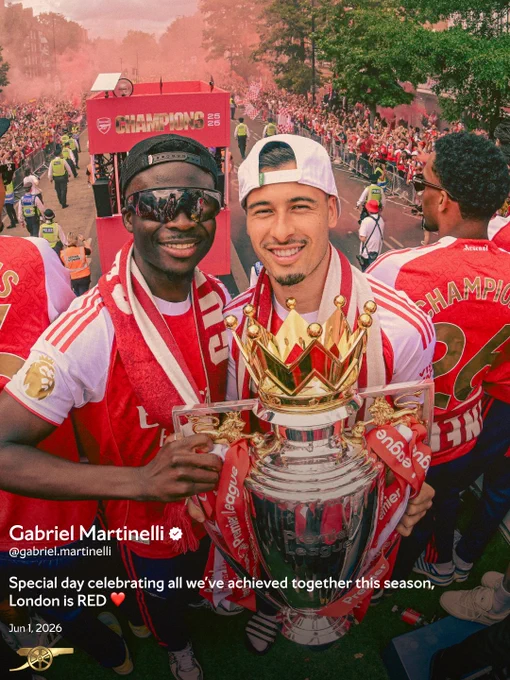 Gabriel Martinelli's post of him and Bukayo Saka holding the Premier League trophy. "Special day celebrating all we've achieved together this season, London is RED ❤️"