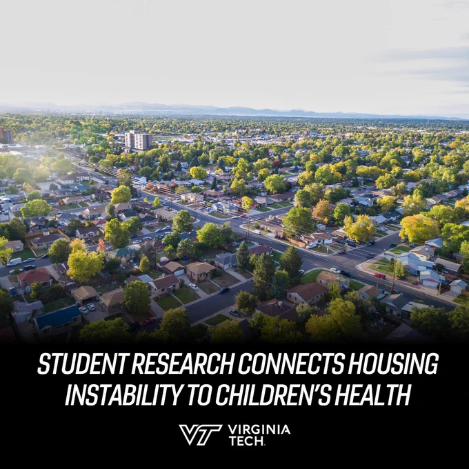 An aerial view of houses. Text reads "Student research connects housing instability to children’s health."
