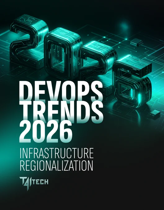 A vertical dark tech banner with vibrant green neon highlights. At the top, large 3D numbers "2026" are styled with a printed circuit board texture. Bold, high-contrast white text in the center reads "DEVOPS TRENDS 2026", followed by "INFRASTRUCTURE REGIONALIZATION". The "T4ITECH" logo is positioned in the bottom left corner against a background of stylized microchip traces and technological infrastructure.