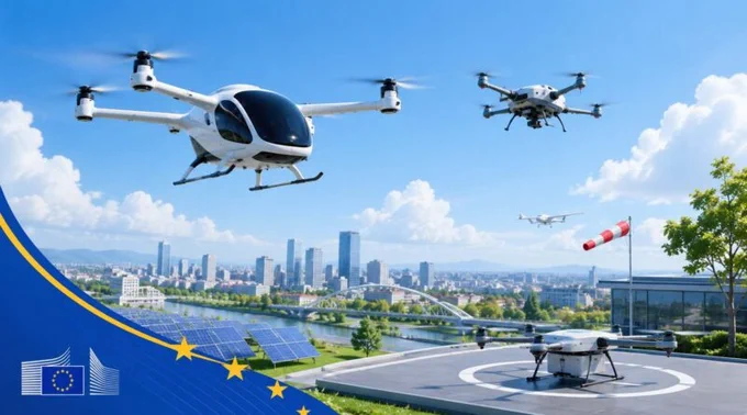 Concept illustration of Europe’s future drone ecosystem, featuring drones, air taxis and innovative air mobility operations in a smart, sustainable urban environment.