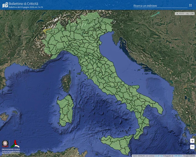 bollettino nazionale di criticità e allerta del 3 giugno, mappa dell'Italia con evidenziato in giallo per giovedì 4 il settore nord-occidentale della Valle d'Aosta per rischio idrogeologico