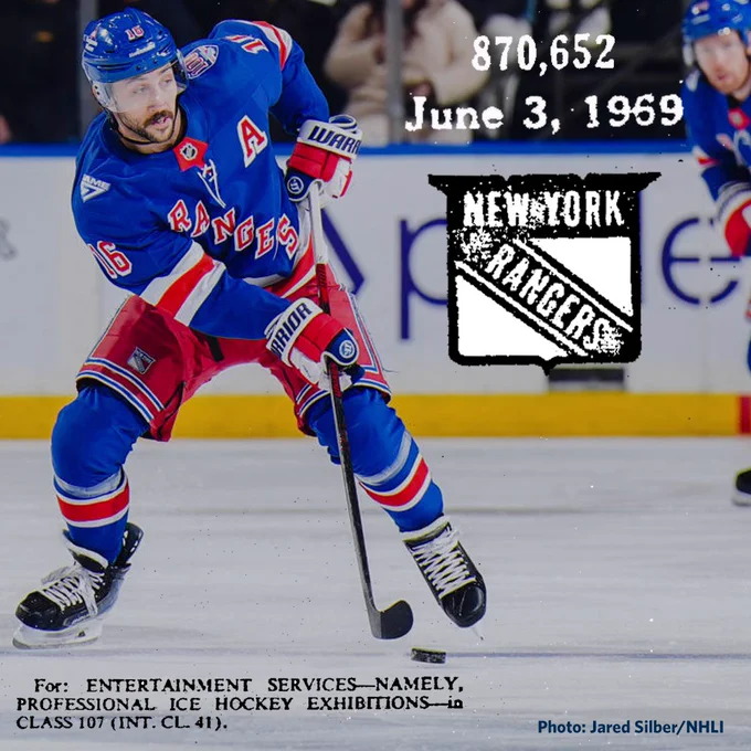 A hockey player in a New York Rangers uniform is skating on the ice, holding a hockey stick. In the background, the text reads "870,652 June 3, 1969" alongside the New York Rangers logo. The bottom text discusses an entertainment services exhibition. Photo credit: Jared Silber/NHLI.