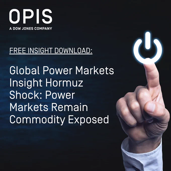 Finger pointing at a glowing power button icon on a dark background. Text reads: "OPIS A Dow Jones Company. Free Insight Download: Global Power Markets Insight Hormuz Shock: Power Markets Remain Commodity Exposed.