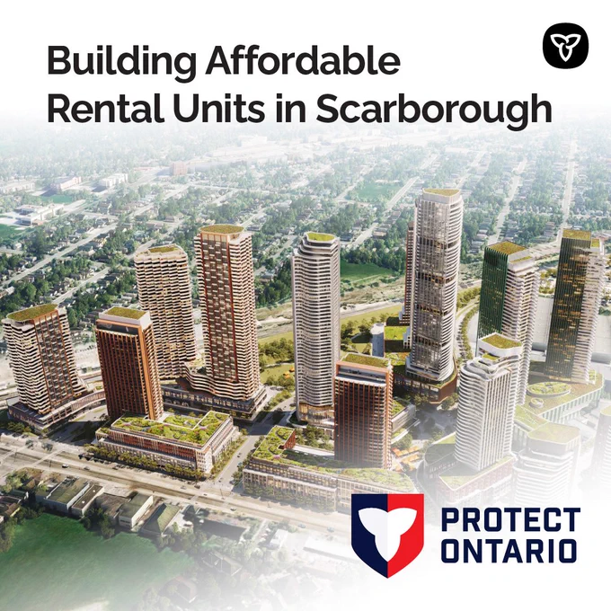 Aerial view of Scarborough Junction showing multiple condo buildings and tree-lined streets on a sunny day.