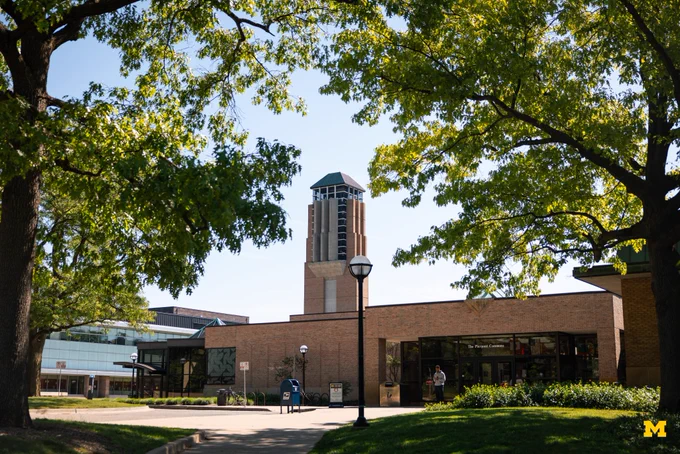 Lurie Tower seen in the distance above Pierpont Commons on U-M’s North Campus. 
