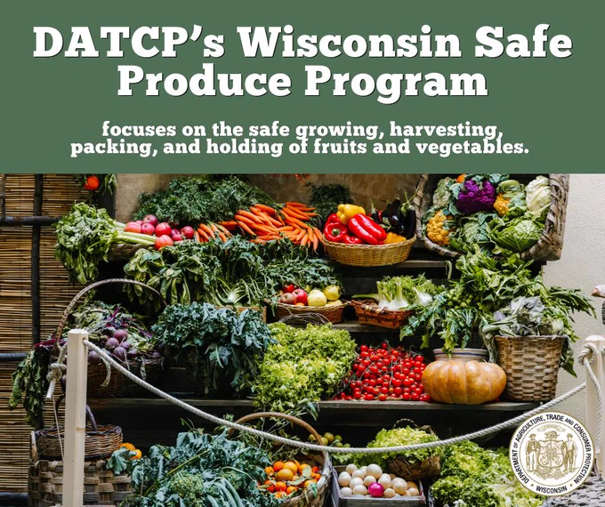 Text: DATCP's Wisconsin Safe Produce Program focuses on the safe growing, harvesting, packing, and holding of fruits and vegetables.

Vegetables

Wisconsin Department of Agriculture, Trade and Consumer Protection logo