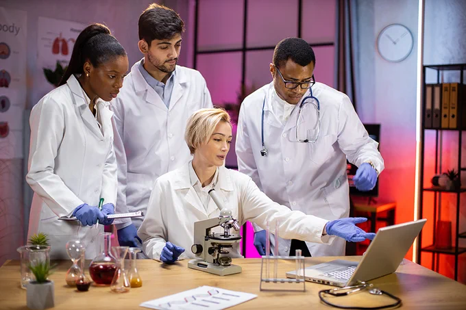 Stock AI image featuring researchers researching.