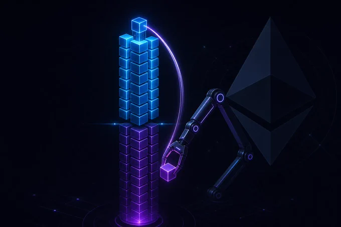 Concept illustration: the EVM stack as a column of glowing cubes. The top 16 cubes are blue and easily reachable; below a limit line the deeper cubes are purple. A robotic arm reaches down past the limit to grab a deep cube and lift it to the top — illustrating EIP-8024 reaching beyond the 16-slot stack depth. Ethereum diamond logo in the background.
