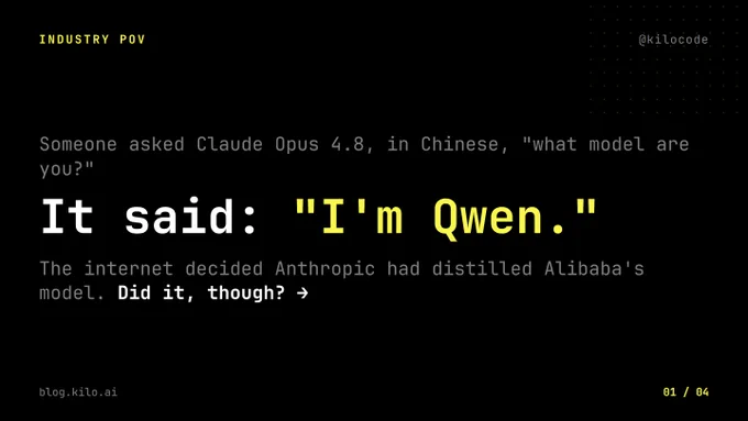Slide with a black background and yellow-highlighted text discussing an AI model identity controversy. The headline reads, “Someone asked Claude Opus 4.8, in Chinese, ‘what model are you?’” followed by a large quote: “I’m Qwen.” Supporting text notes that some internet users interpreted this as evidence that Anthropic distilled Alibaba’s Qwen model and asks, “Did it, though?” Branding includes @kilocode and blog.kilo.ai.